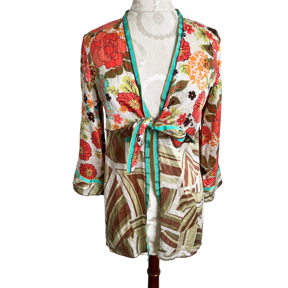 CAbi 100% Floral Print Open With Tie Front Kimono Top Medium